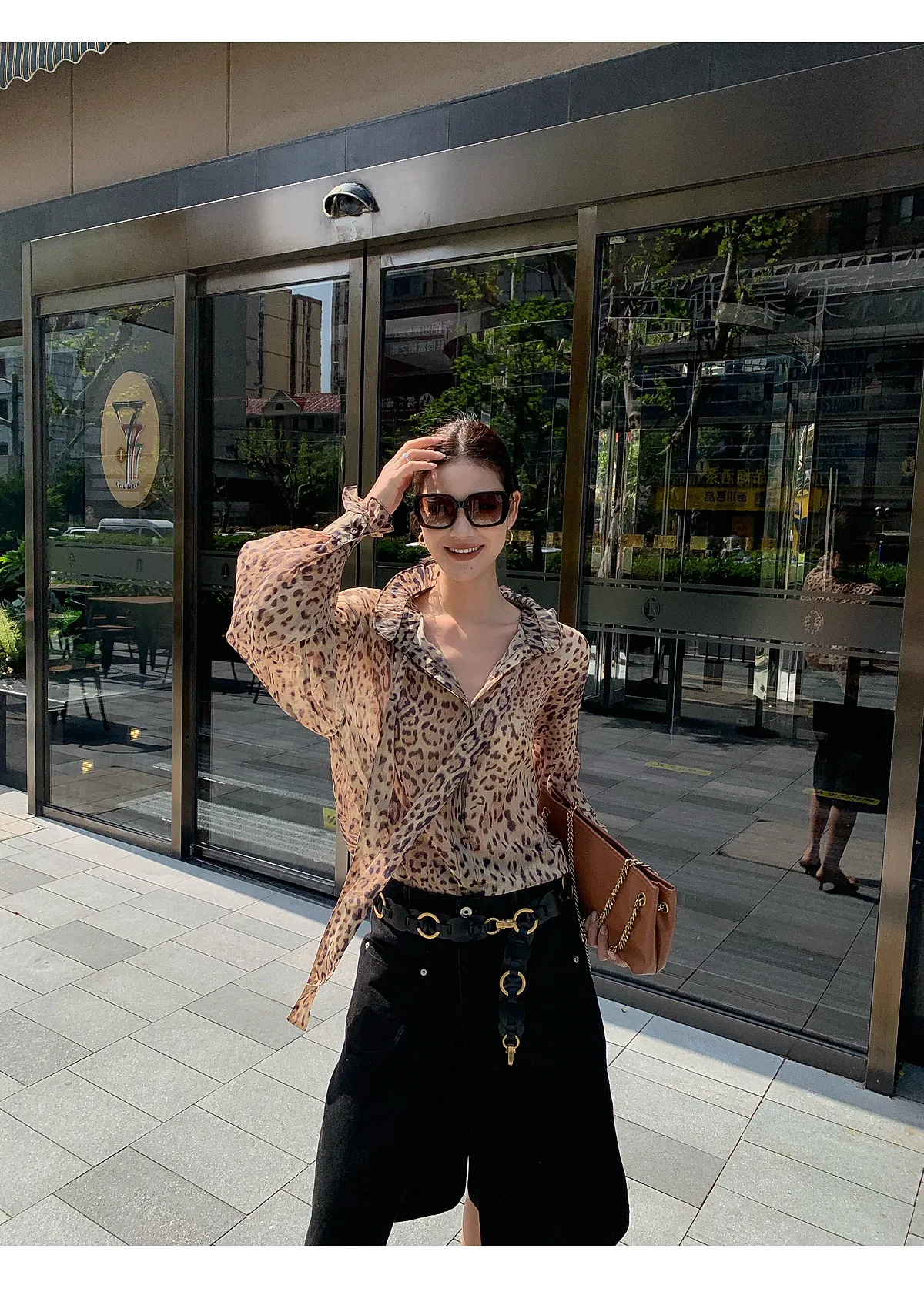 【MAR】French Retro Leopard Print Ribbon V Neck Shirt Women Long Sleeve Loose Casual Chiffon Top