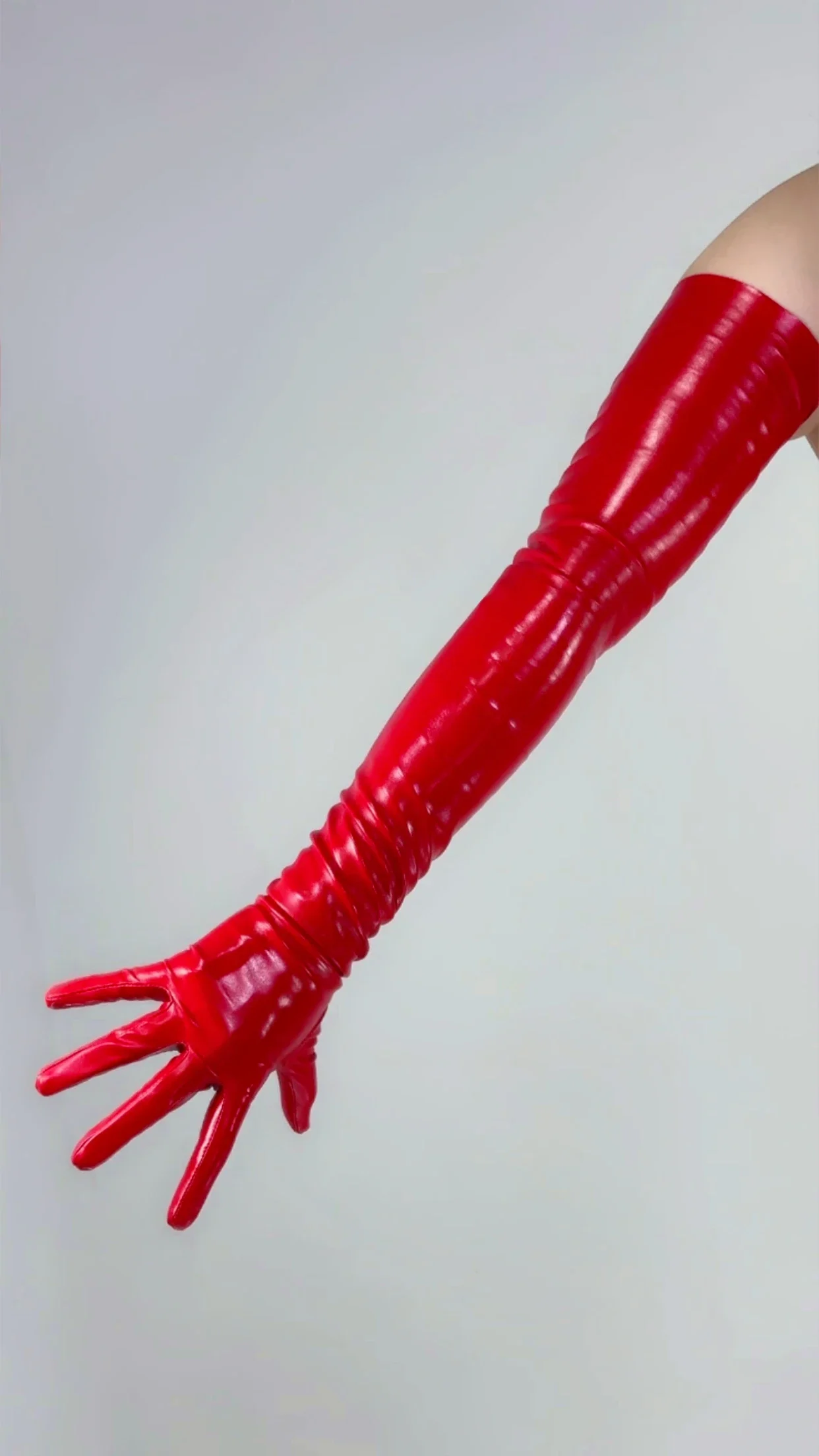 70CM Super Long THIN Leather GLOVES Red Faux PU Stretchy NO Lining 4 Seasons Evening Party Cosplay Costume Fashion Dressing