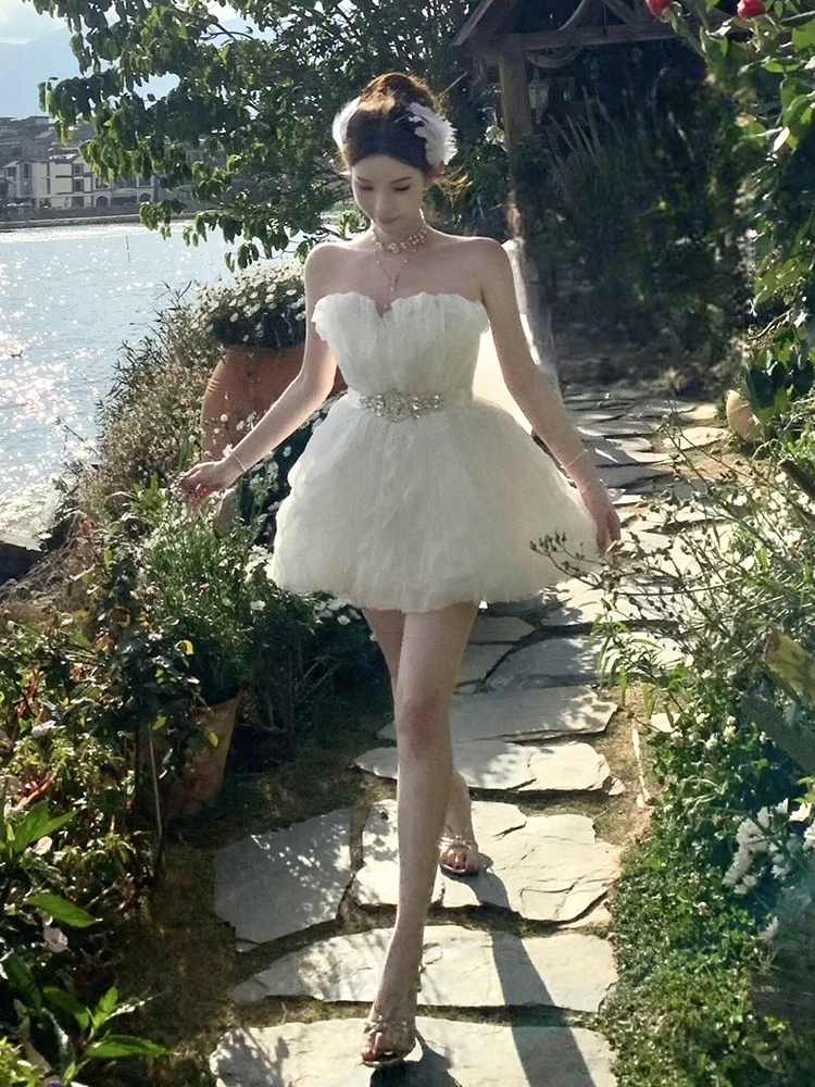 REDDACHiC Vestido tubo para mujer con lazo desmontable cinturón de diamante blanco con cordones sin espalda Mini vestido de princesa vestido tutú para fiesta de cumpleaños