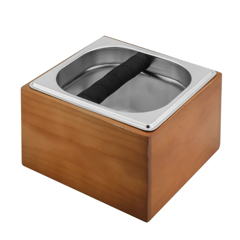 

New Log Stainless Steel Powder Slag Box with Base Slag Box Solid Wood Knocking Slag Box Coffee Powder Slag Bucket