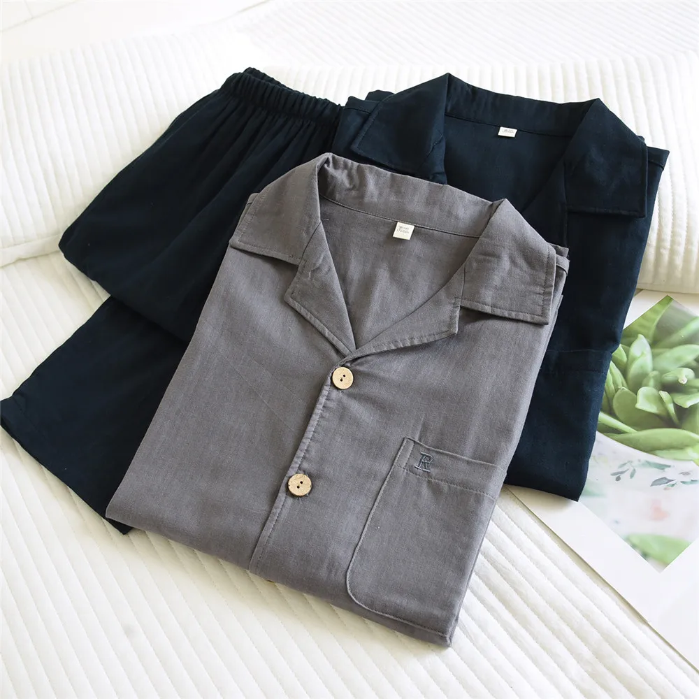 Spring Autumn Thin Long Sleeve Shirt Trousers 2 Pcs Pajamas Set Men's Cotton Homewear Clothes