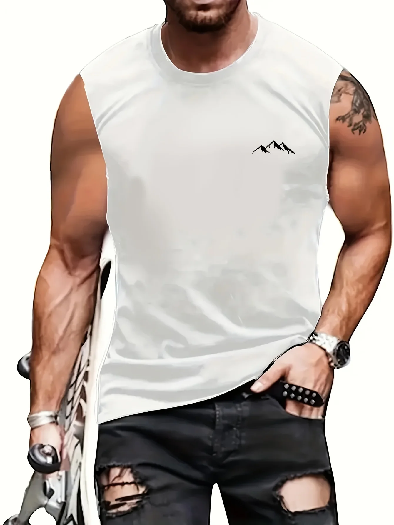 Men's summer casual sports fitness loose mountain print comfortable breathable round neck sleeveless vest