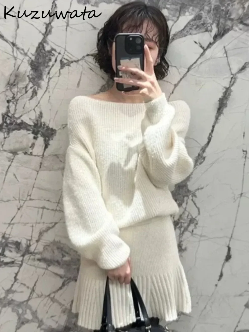 Kuzuwata Literary Slash Neck Lantern Knit Set Jumper High Waist Bodycon Mermaid Falda Japan Vintage Sweet Suit Spice Girls Skirt