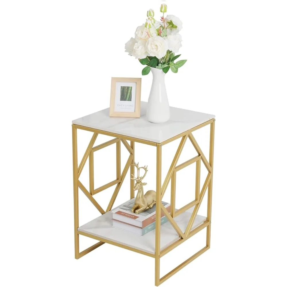 Sintered Stone End Table 2 Tier Square White Small Coffee Table Gold Frame -Modern Sofa Storage Side Table Bedside Nightstand