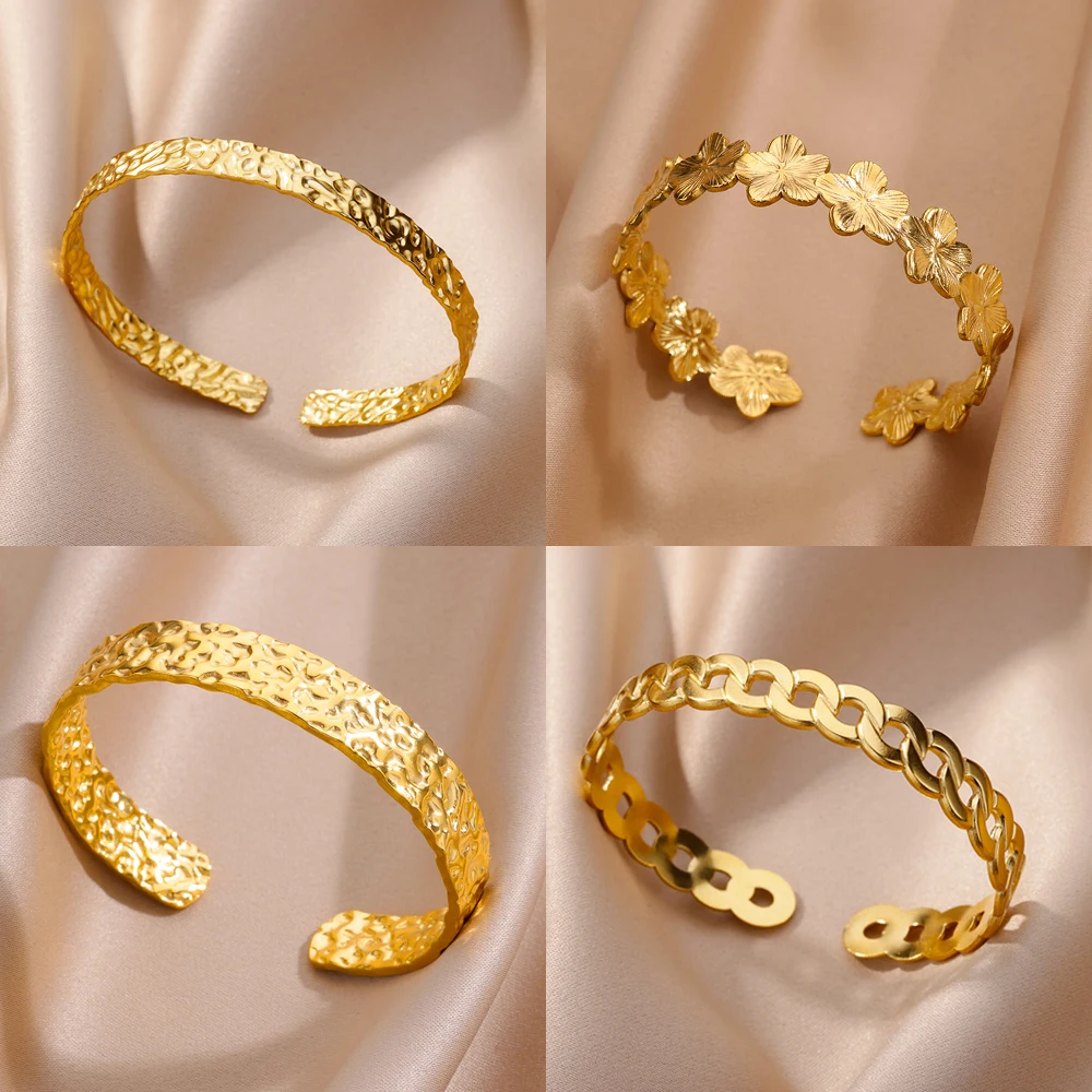 Verstellbare Armreifen für Damen, Edelstahl-Armband, wasserdicht, goldfarben, luxuriöser Paarschmuck, Manschettenarmband, Pulseras Mujer