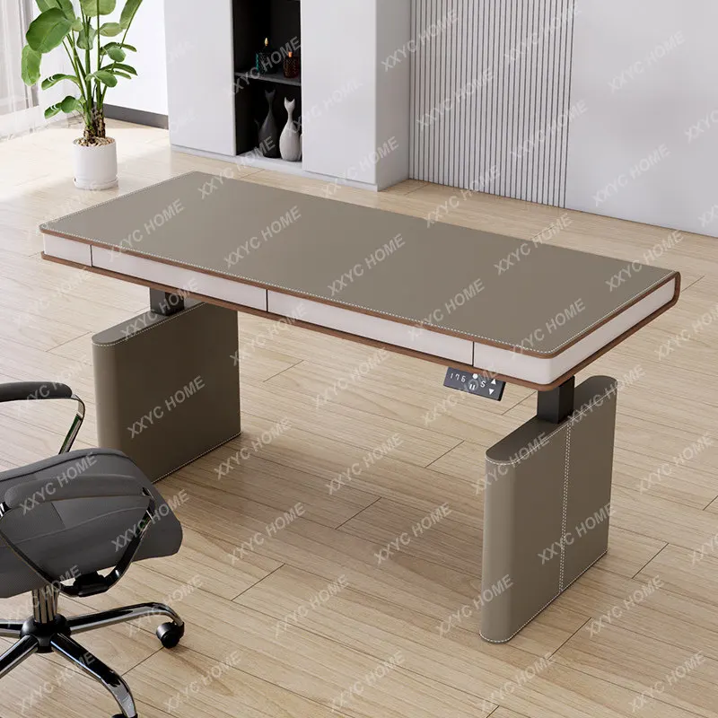 LS saddle leather double motor electric lifting table solid wood with drawers computer can lift custom desk