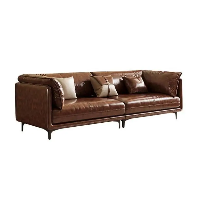 Retro oil wax leather leather sofa Italian minimalist first layer cowhide mid-ancient style living room straight row leather art