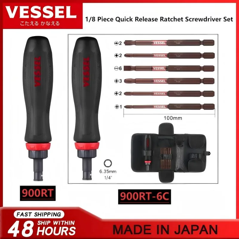 

JIS VESSEL No. 900RT/900RT-6C, 1/8 Piece Quick Release Ratchet Screwdriver Set with Screwdriver Bits and Tool Kit