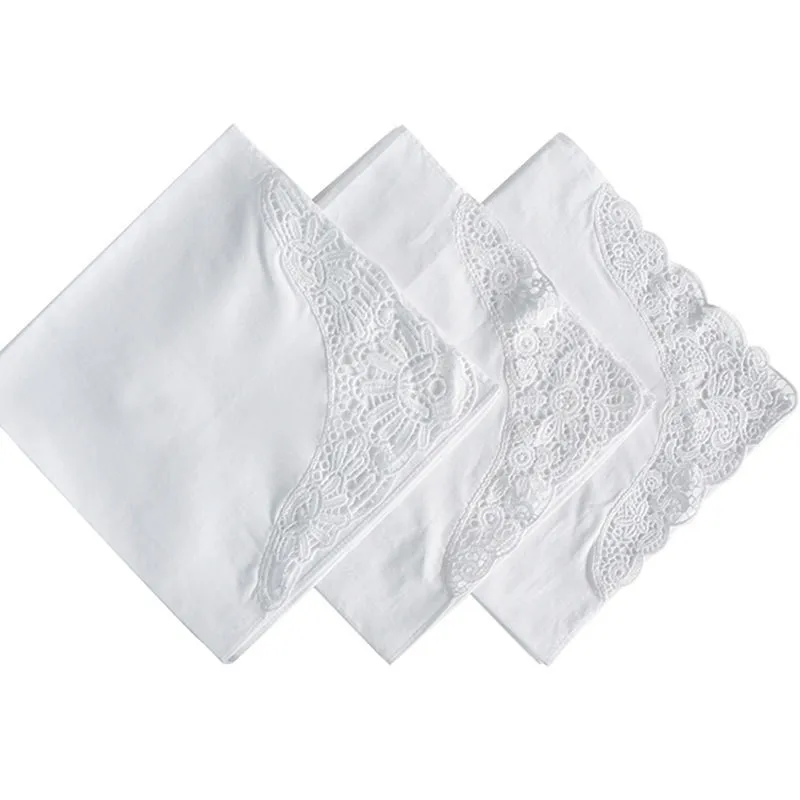 3Pcs 35x35cm Square 100% Cotton White Lace Cotton Lace Handkerchief Thickened Wedding Party Decor Gift