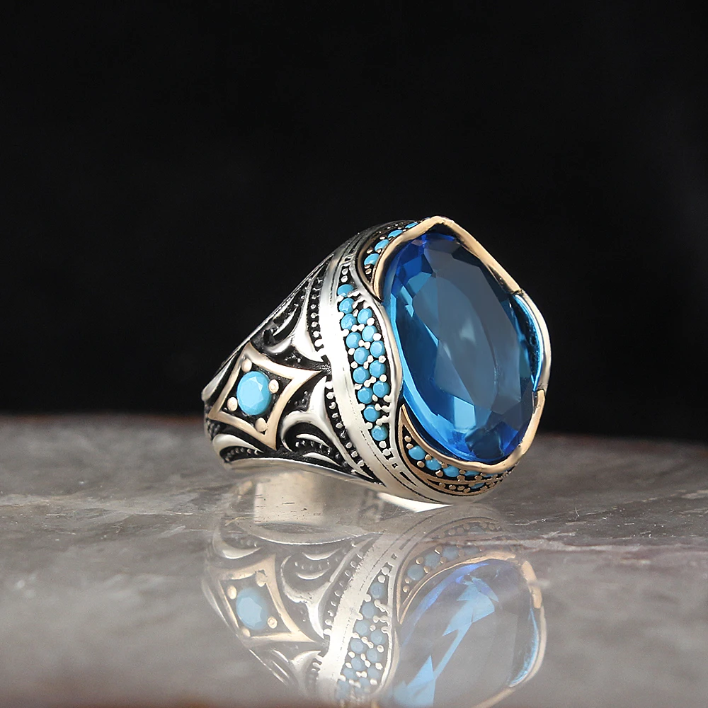 

925 sterling Silver For Men Custom Cut Blue Topaz 925 Sterling Silver Men 'S Ring