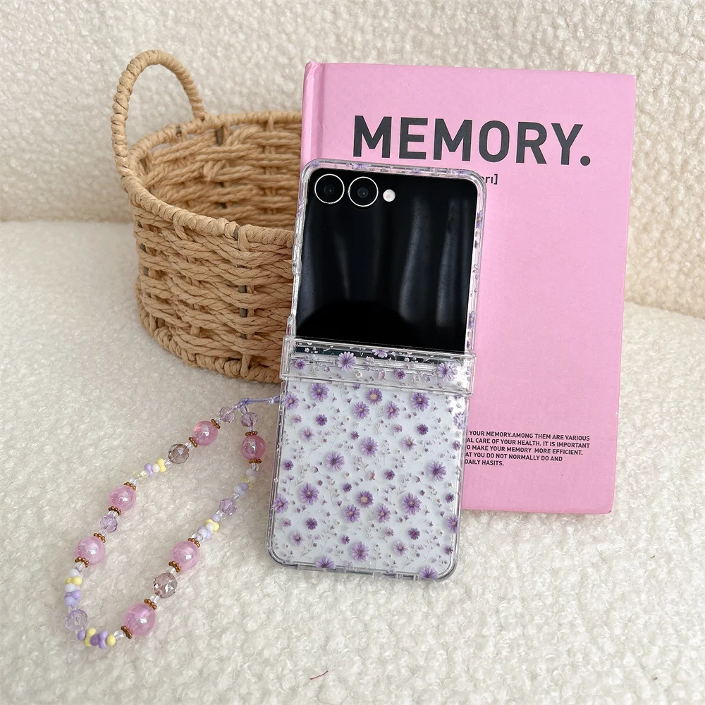 Cottage Sweet Purple Daisy Floral Printed Clear Phone Case for Samsung Galaxy Z Flip 7-3 Crystal Bead Strap Protective Cover