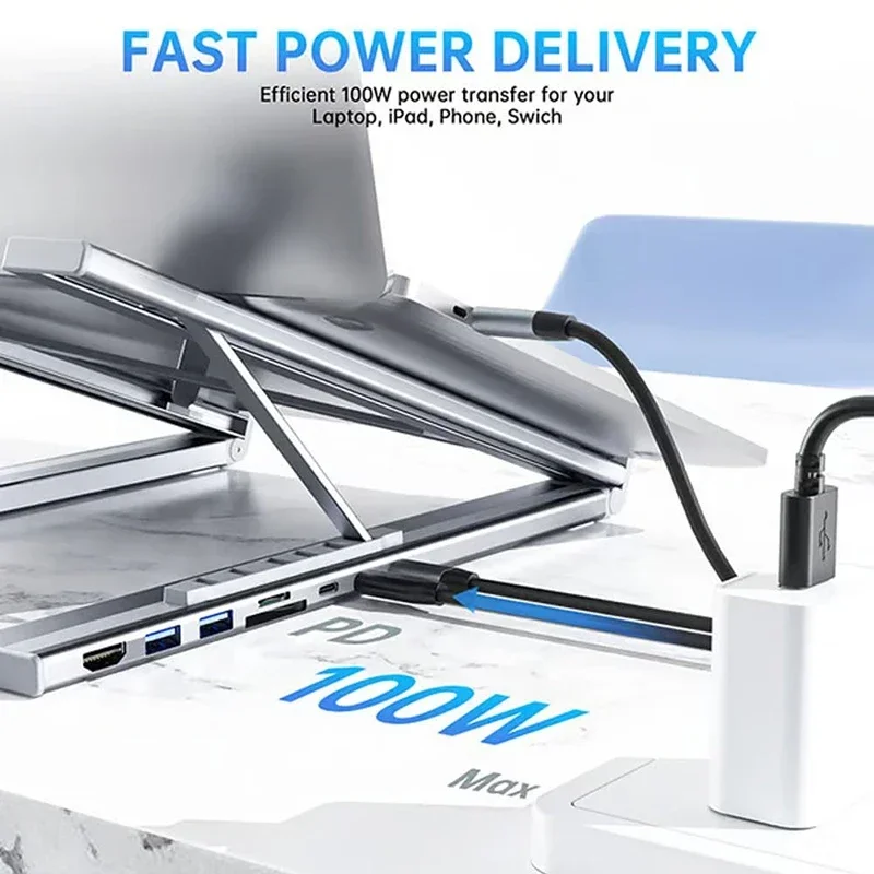 8-in-1 USB-C 노트북 스탠드 도킹 스테이션 포함 범용 USB C 도크 태블릿 스탠드 접이식 타입-C 허브 어댑터 플러그 앤 플레이