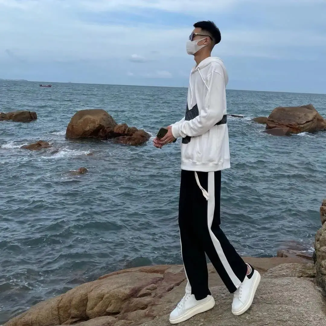 

Spring Summer White Straight Leg Pants Men's Trendy Vertical Stripes Bla Loose Fit Sports Anti-Wrinkle Thin Long Trousers