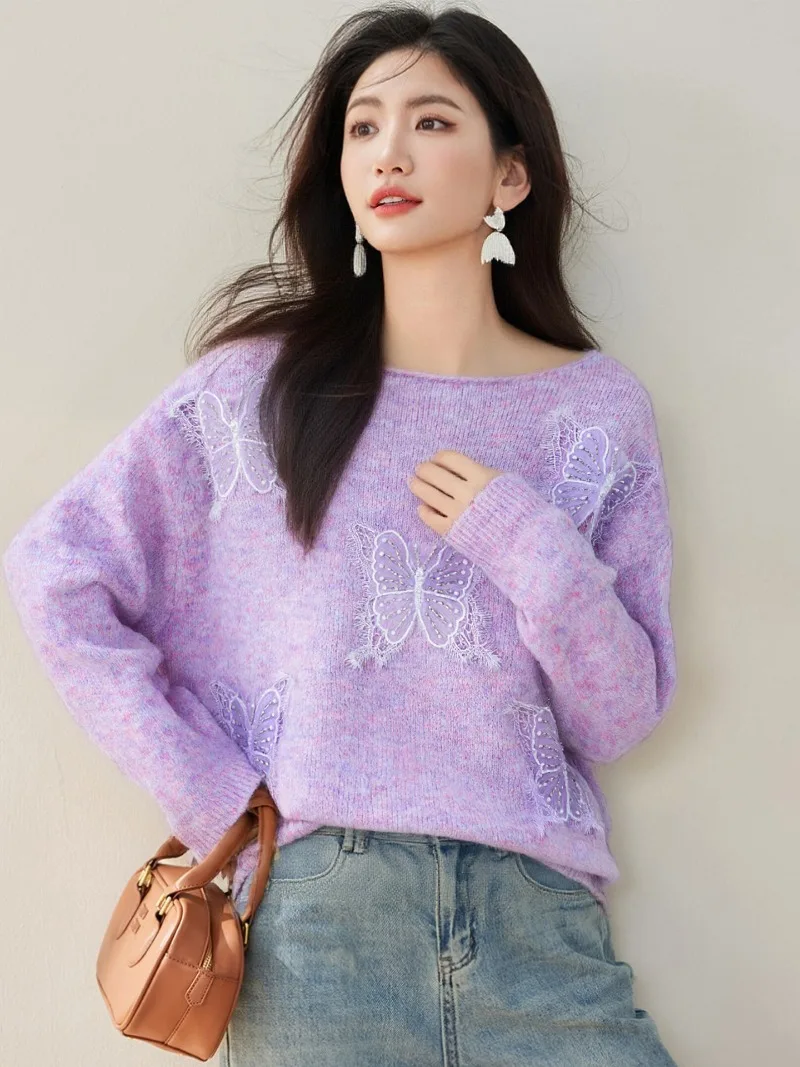 

Милый фиолетовый свитер с бабочками, женский осенне-зимний корейский стиль с круглым вырезом и длинным рукавом, свободный повседневный вязаный пуловер, свитера, джемпер