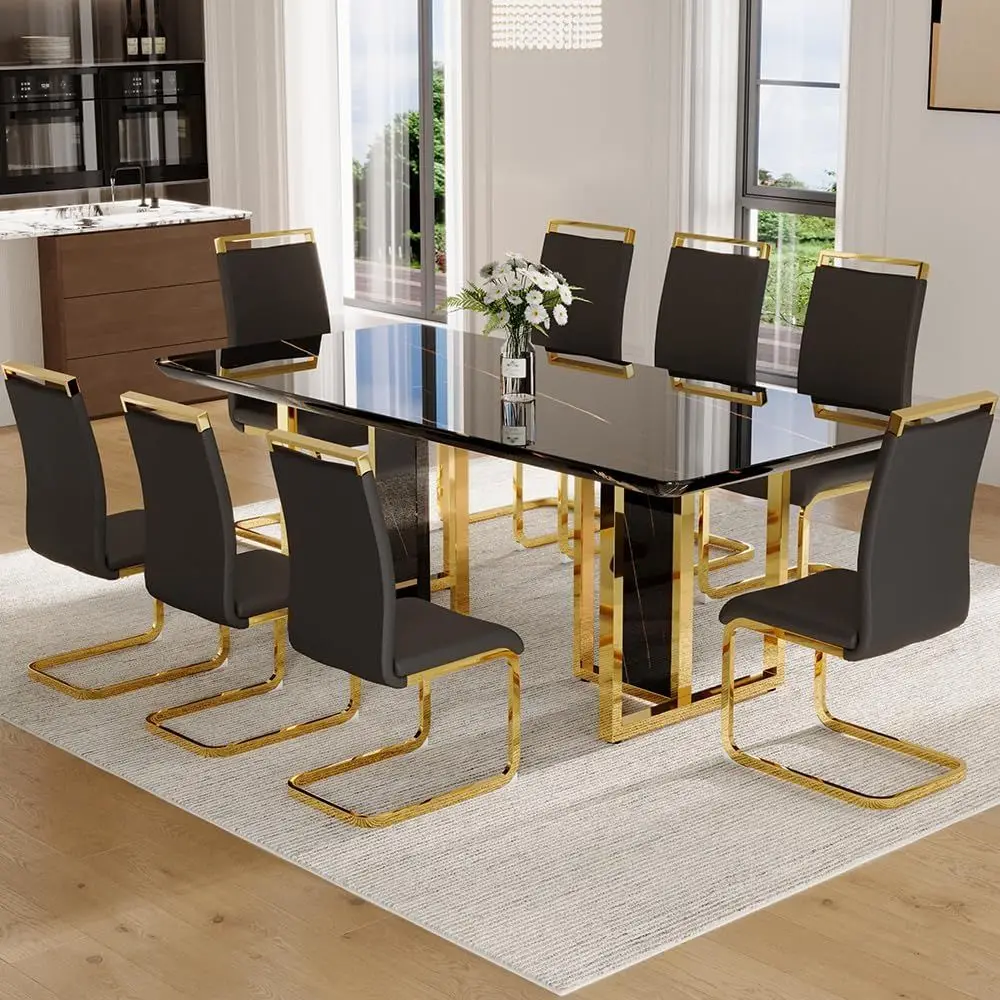 

Black Modern Dining Table Set, Modern Luxury Dining Table Set with Chrome Gold Legs, Faux Marble Kitchen Table with 8 Black Gol