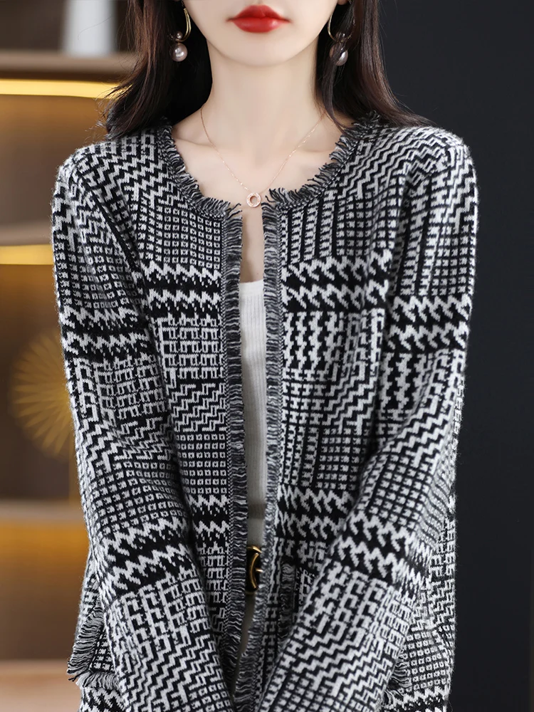 

Classic 100% Merino Wool Women Sweater Autumn Winter Bird Lattice Knitted Cardigan Fashion Outerwear Long Sleeve Clothing Tops