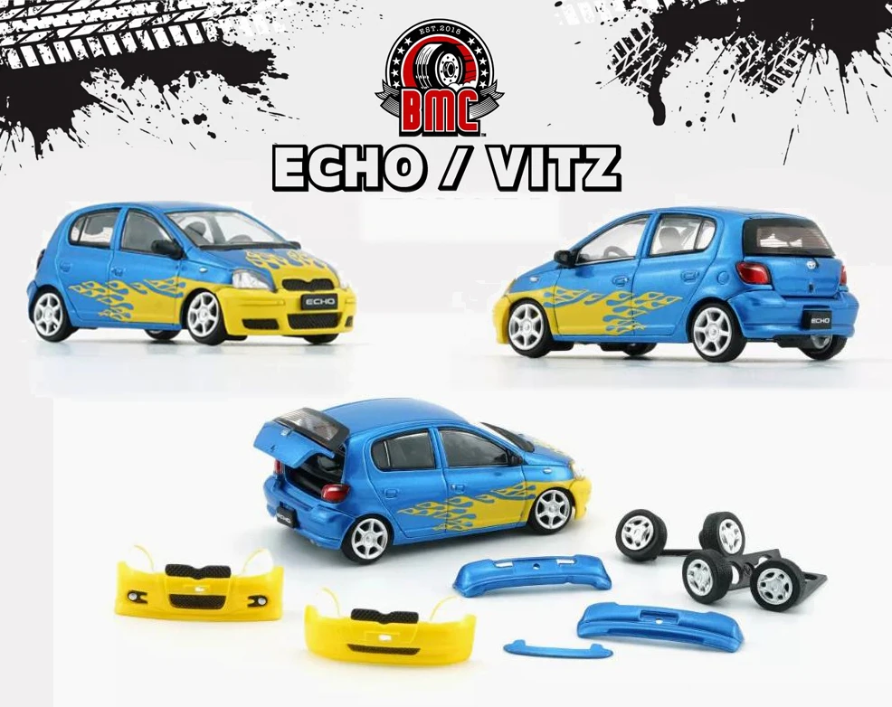 BMCreations-Jouet de voiture en alliage moulé sous pression, modèle de simulation, Yadditif Echo Vitz, 5 portes, bleu avec feu limité, cadeau de collection, 1:64, 1998