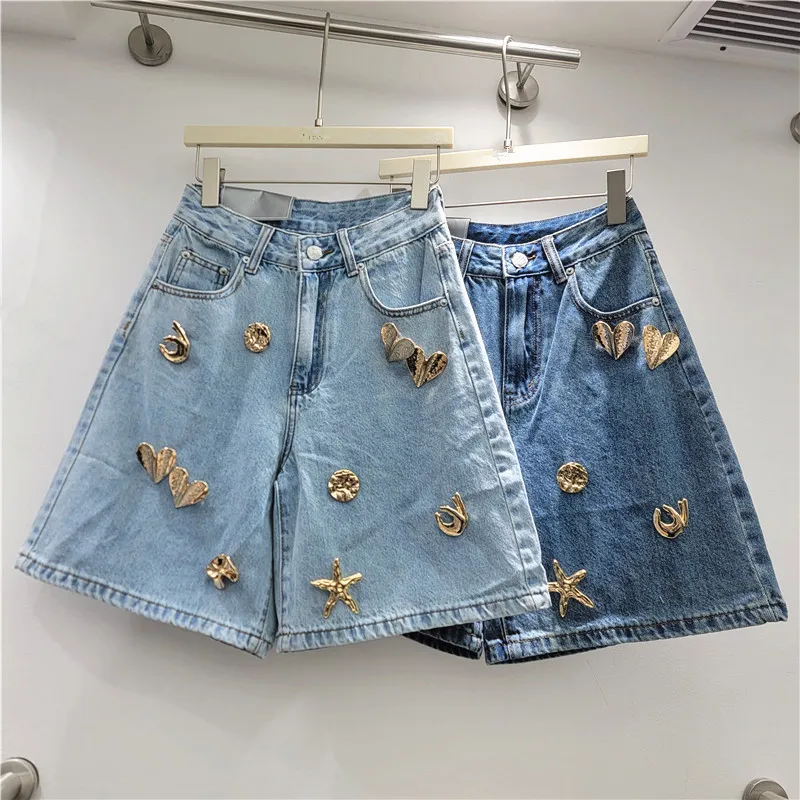

American Denim Shorts, Women's Half Length Pants, 2026 Summer New Metal Decoration Loose Straight-leg Pants for Women