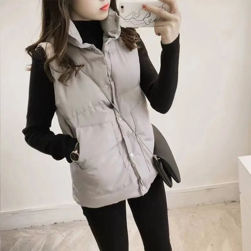 Women Autumn Elegant Cotton Padded Coats Warm Outerwear Casual Sleeveless Puffy Waistcoat Women Fashion White Vests Jackets