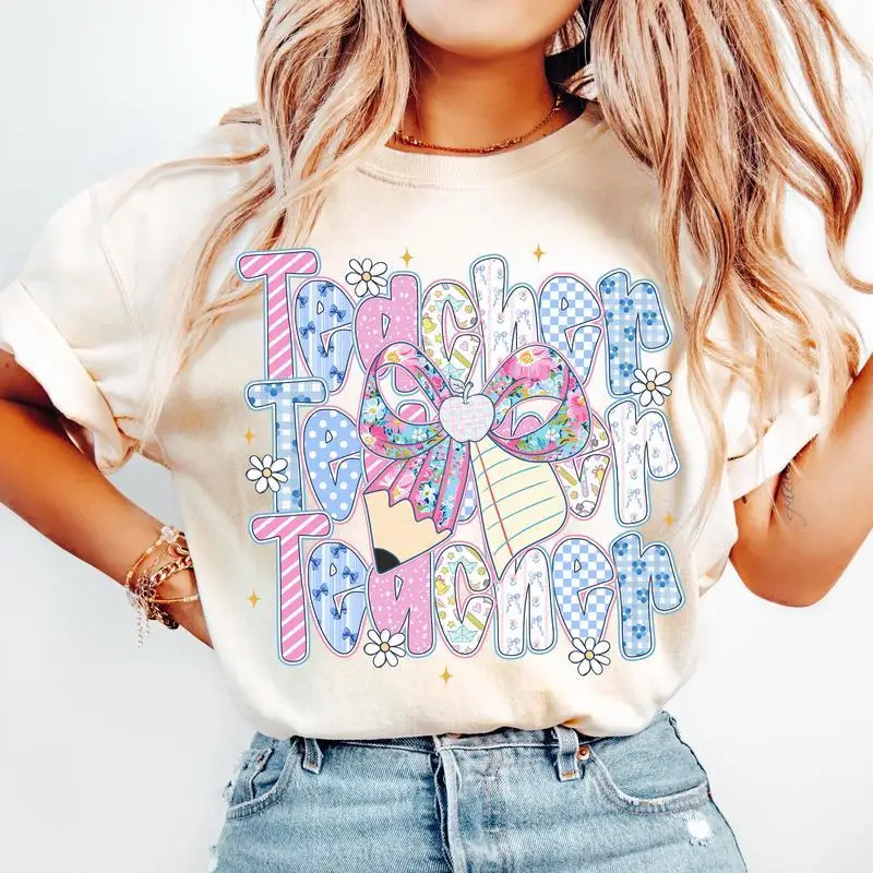 

"Cute Teacher T-Shirt for Women | Back To School Bow & Apple Graphic Tee | Funny Gift for Educator | First Day of School Outfit"