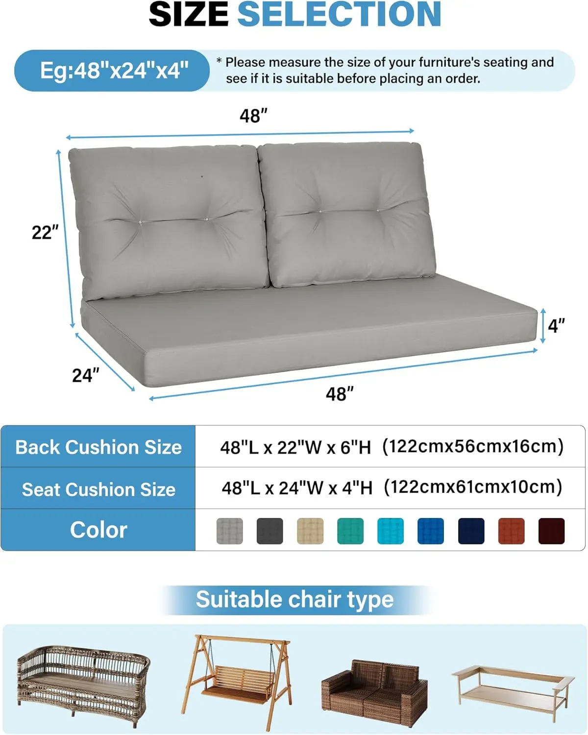 

Outdoor Loveseat Cushions for Patio: Outdoor Chair Cushions - 48 x 24 Waterproof Replacement Patio Furniture Cushions