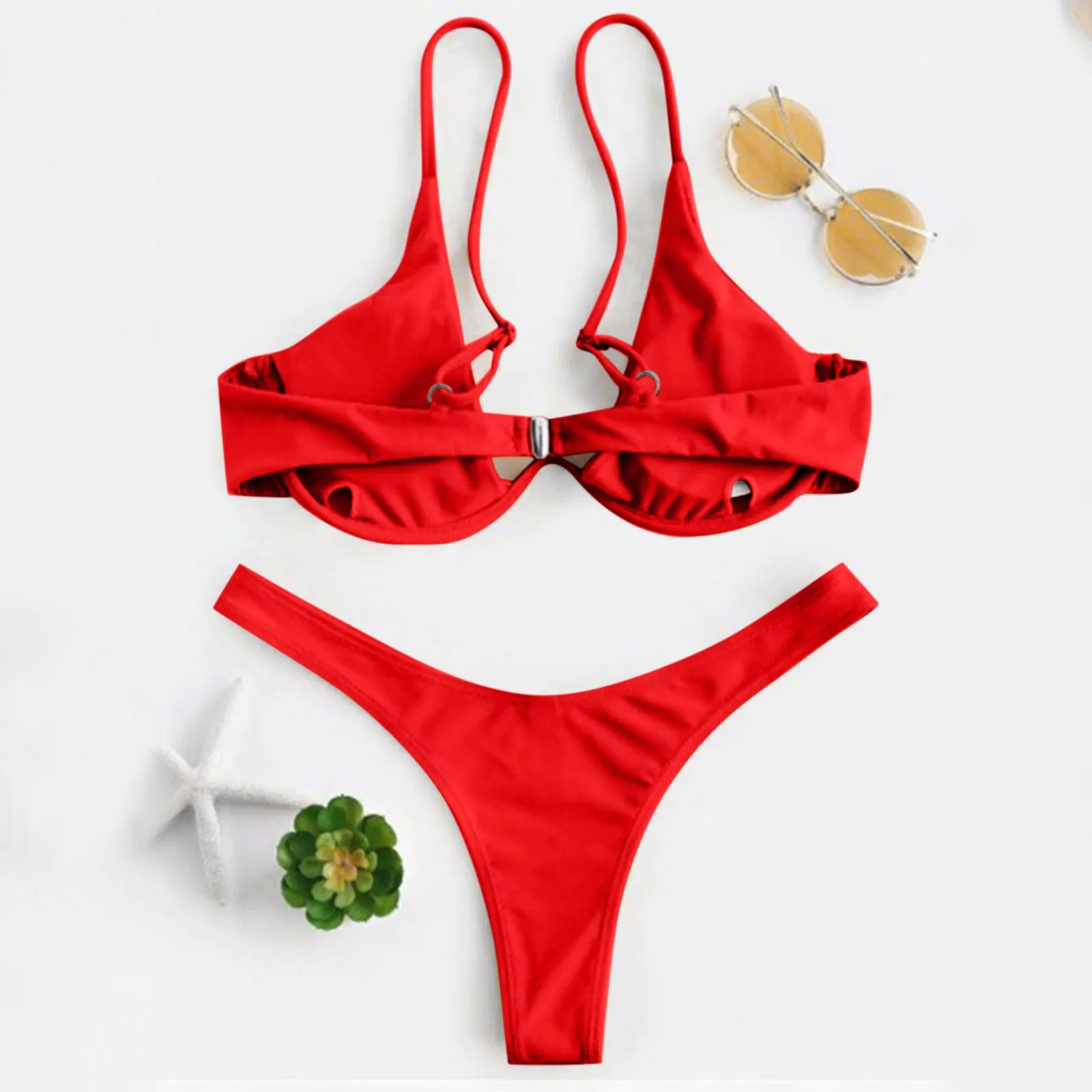Sexy bikini con ferretto 2025 Mujer donna solido rosso reggiseno push up perizoma costume da bagno halter scollo a V costume da bagno mini micro perizoma costumi da bagno
