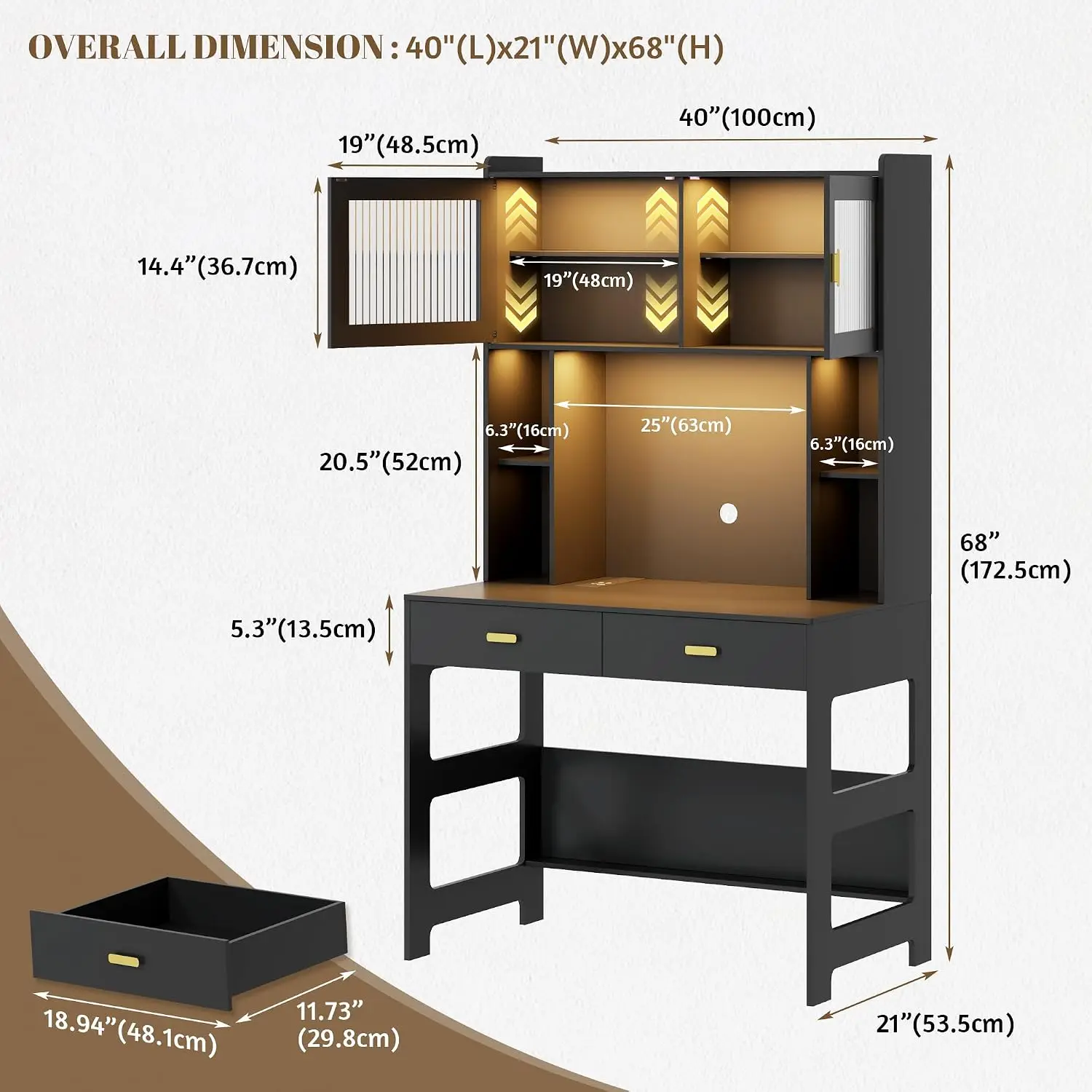 Home Office Desk with Charging Station & LED Lights 40