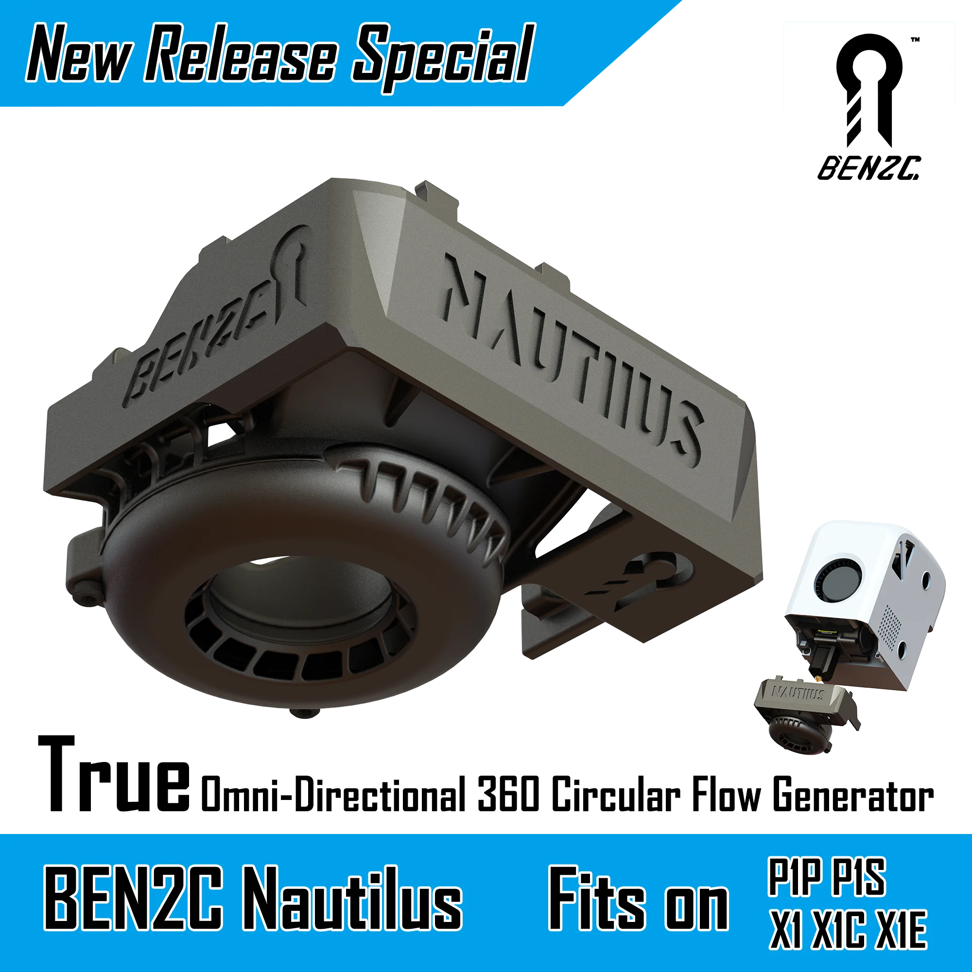 BEN2C Nautilus 360 high performance Nylon Cooling Fan Duct designed For Bambulab P1P P1S X1 X1C X1E 3D Printers DIY Accessories