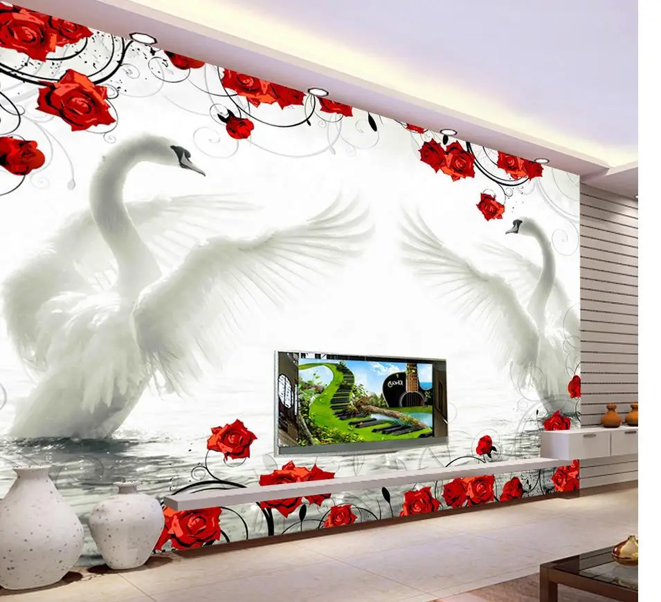 

3d wallpaper for room living style wallpaper Swan red rose pattern background wall murals living 3d wallpaper