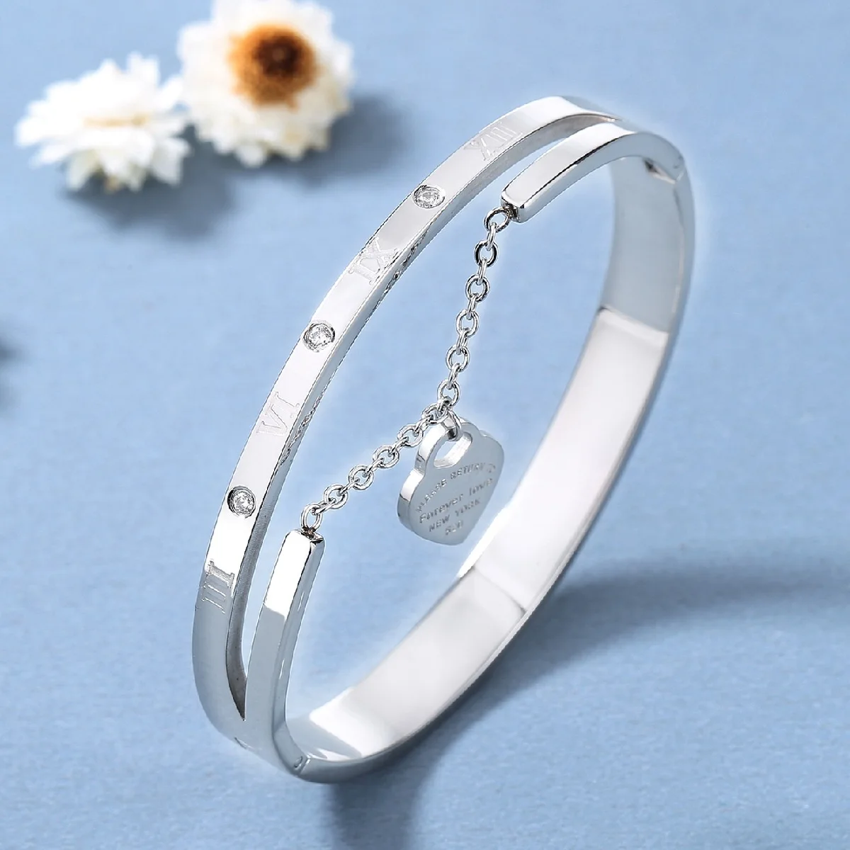 Roman digital chain hanging heart bracelets luxury design sensitive titanium steel buckle bracelet