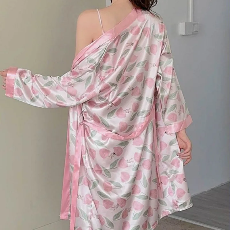 Sexy Women Pajamas Spring Autumn Latest Pyjamas Ice Silk Halter Nightdress Lacework Bow Sleepwear Comfortable Printed Nightgown