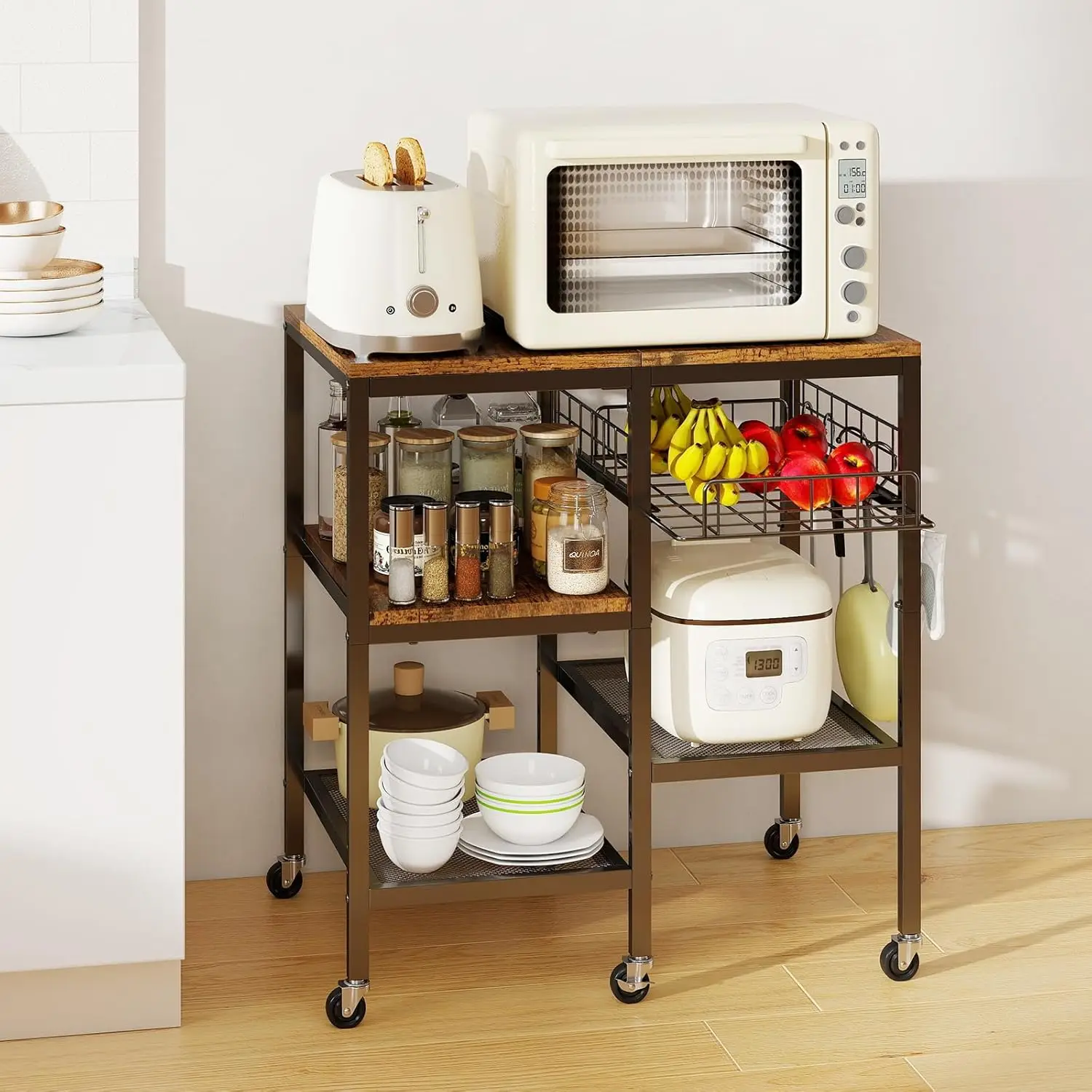 

4-Tier Adjustable Microwave Stand with Storage on Wheels - Rolling Kitchen Cart & Mobile Coffee Bar, Standing Baker's Ra