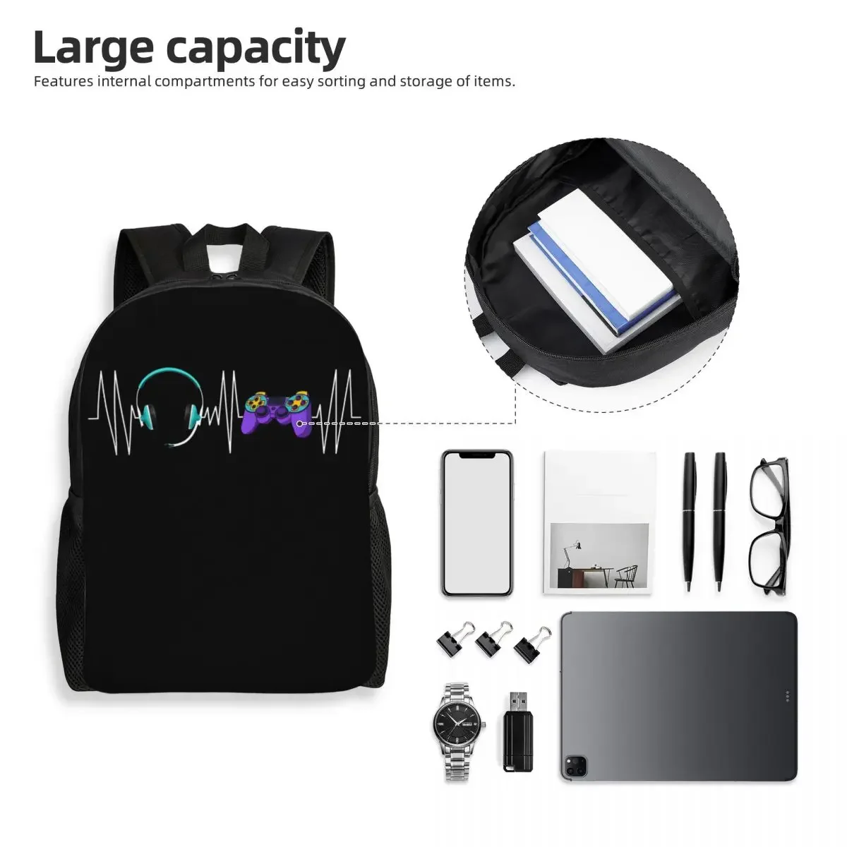 Custom Gaming Heartbeat Gamer Controller Backpacks for Women Men Waterproof School College Video Game Lover Gift Bag Bookbags