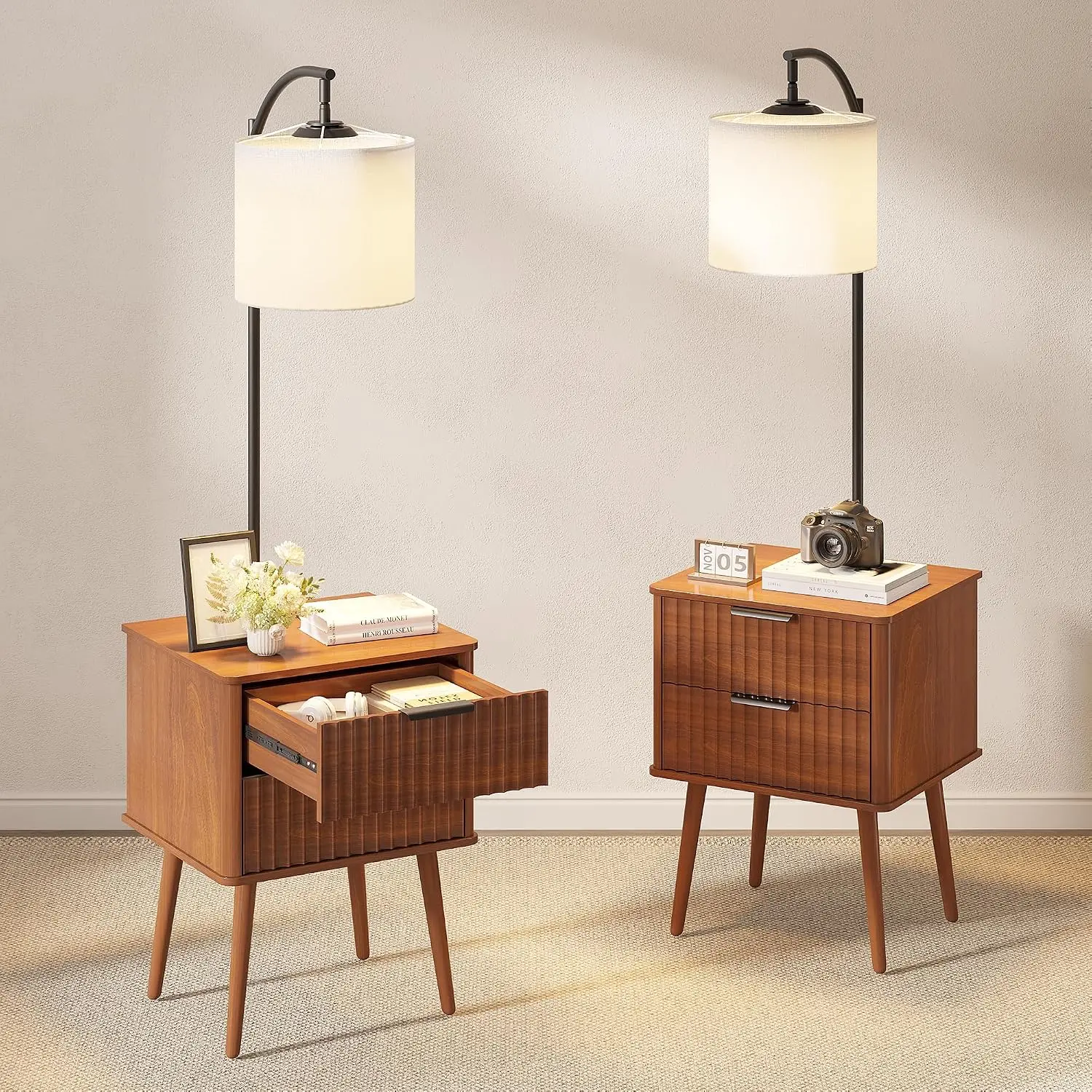 LED Nightstand with Lamp Beige Shade Bedroom Reddish-Brown Set of 2 with 2 Drawer 3 Color Light Bedside Table USB&Type-C End Tab