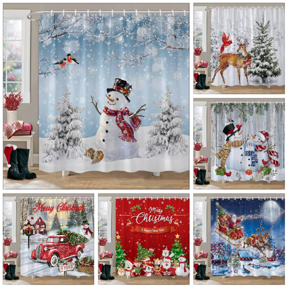 

Cute Snowman Kids Shower Curtains for Bathroom Hug A Letitsnow Placard in Snow Scene on Wood Board Funny Christmas with Hooks