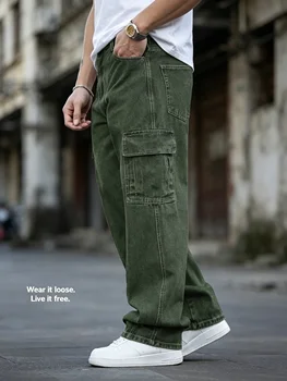 Men Baggy Cargo Jeans Retro Army Style Loose Fit Multi‑Pocket Denim Trousers Men's Casual Daily Outdoor Street Work Pants 1