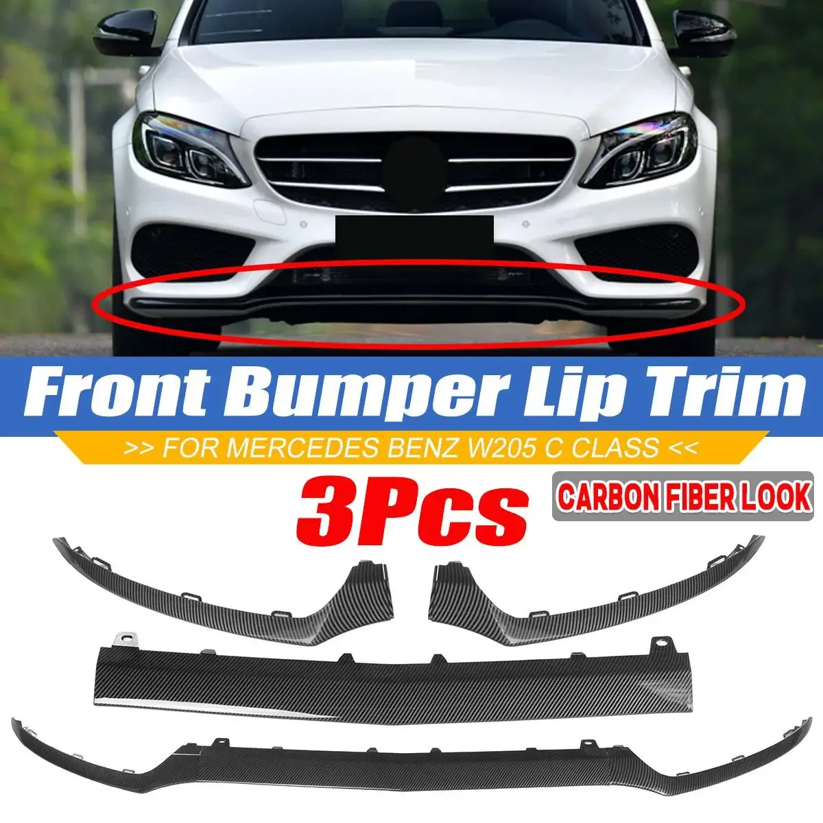 

Carbon Fiber Look Car Front Bumper Splitter Lip Diffuser Body Kit Spoiler For Mercedes For Benz W205 C Class 2015-2018 For AMG