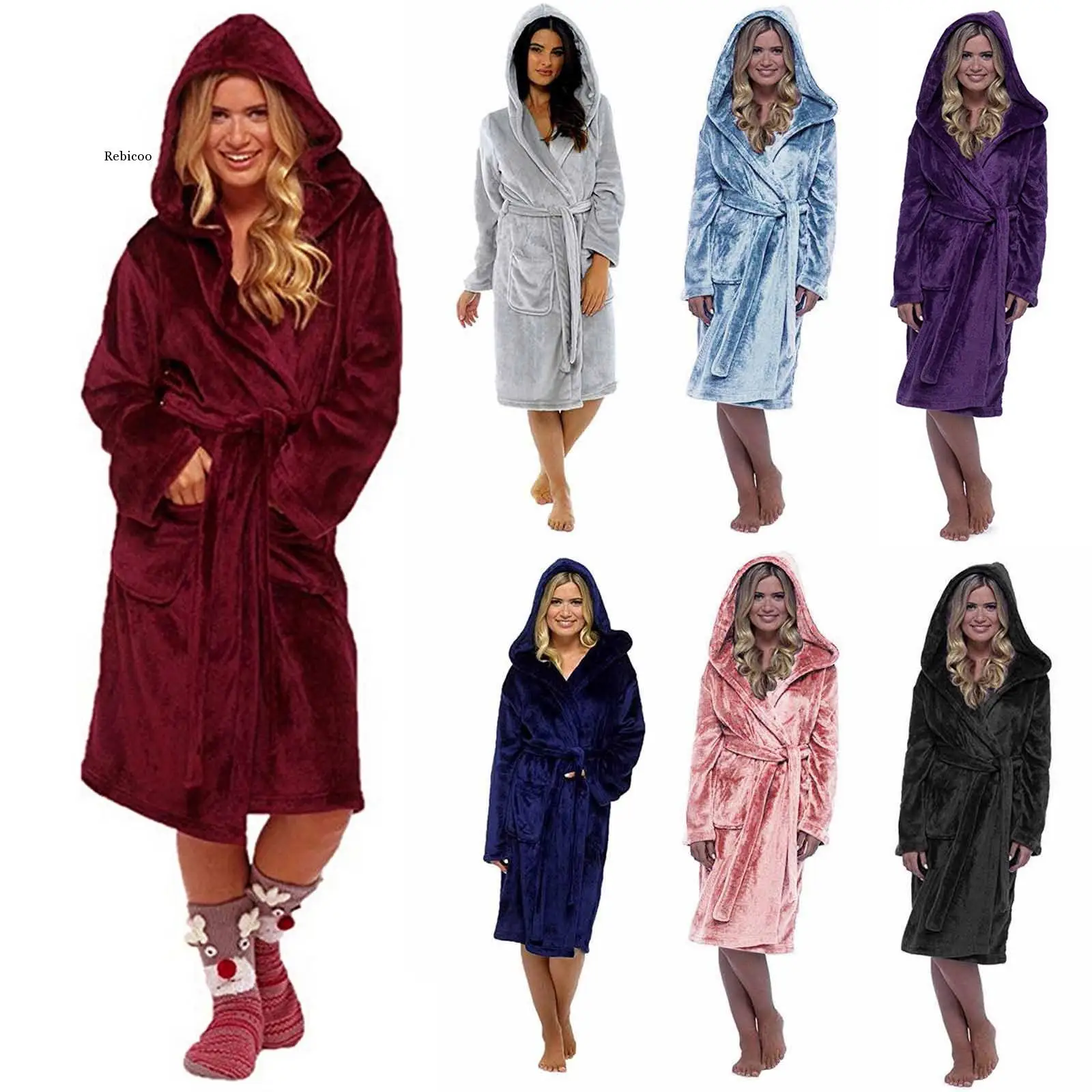 Women Winter Lengthened Plush Shawl Bathrobe Long Sleeve Robe Hooded Bath Robes Sleepwear Winter Thick Warm Pajamas Home Clothes