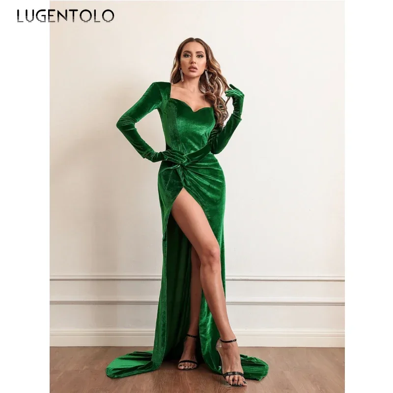 女性のセクシーなドレスハイウエスト秋冬スリムパーティーレディ裾スリットベルベット気質長袖マキシ服