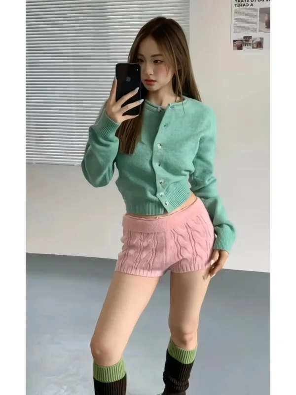 

2025 Winter Korean Style Lazy Sweater Set Women's Single Button Loose Casual Trendy Candy Color Knitted Cardigan Two-Piece Set
