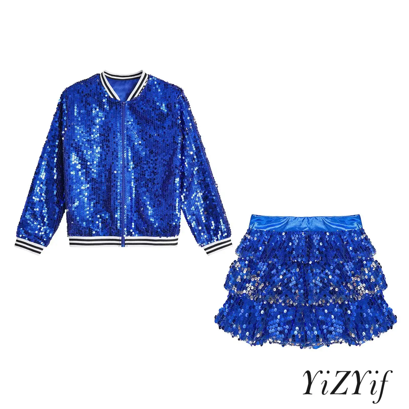 

Kids Girls Glittery Sequin Hip Hop Street Jazz Dance Outfits Striped Trim Baseball Jackets Outerwear And Ruffle Skirted Shorts