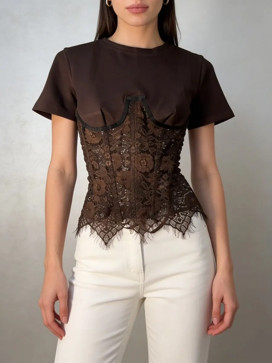 

Women's Elegant T-Shirt, Slimming Sheer Lace Round Neck Short Sleeve Top, Spliced Patchwork Bodycon Female Top