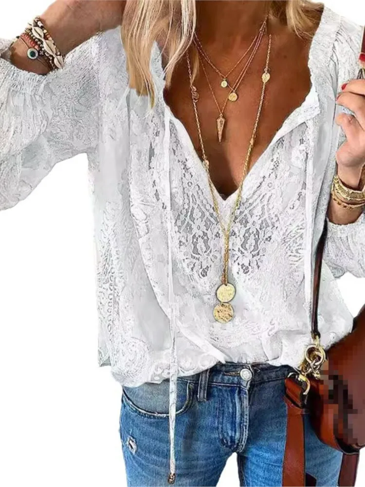 Women\'s Fashion Solid Sexy Hollow Out V-neck Shirt Top 2025 Autumn Lace Blouse Casual Loose Tops Office Lady Lace-up Top