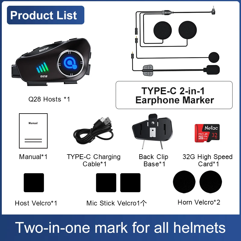 Q28 Motorcycle Helmet Bluetooth Headset 1080P Video Dashcam Moto Wireless Bluetooth Headphone Handsfree Call Waterproof Earphone