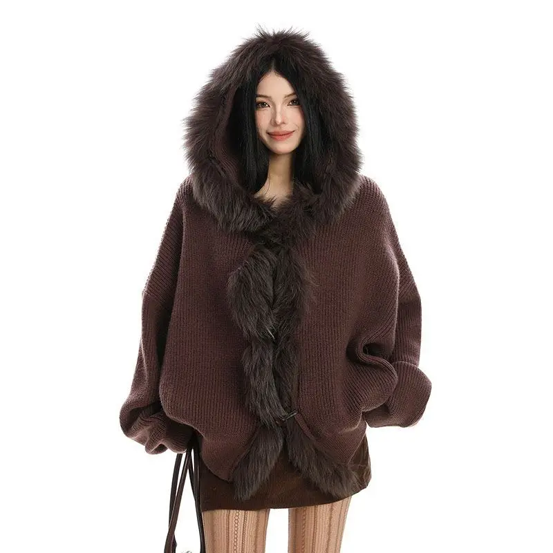Lazy Temperament Loose and Slim Knitted Jacket Large Fur Collar Patchwork Hooded Sweater Women's Autumn and Winter