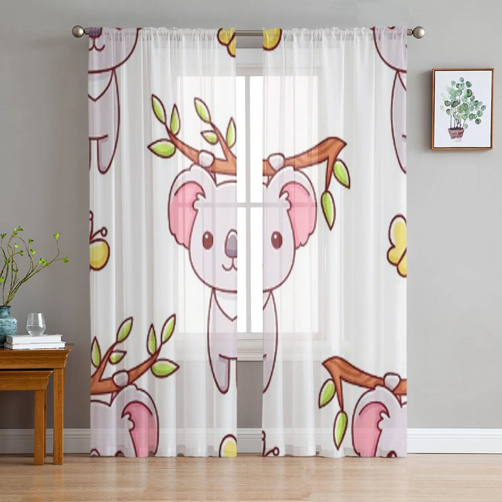 Cute Kawaii Hand Drawn Koala Doodles Bay Window Screening Curtains Voile Organza Drape Sheer Tulle for Living Room Bedroom