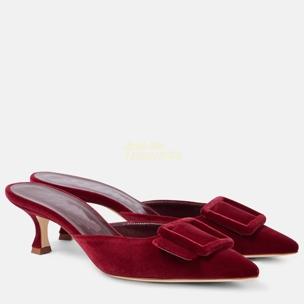 Velvet Mules Stiletto Thin High Heel Buckle Decor Stiletto Thin High Heel Runway 2024 Autumn Spring Women Dress Slides