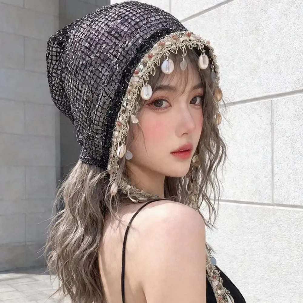 Fashion Hollow Out Mesh Beanie Cap Bohemian Shell Tassel Design Slouchy Hat Breathable Pullover Hat Spring Summer
