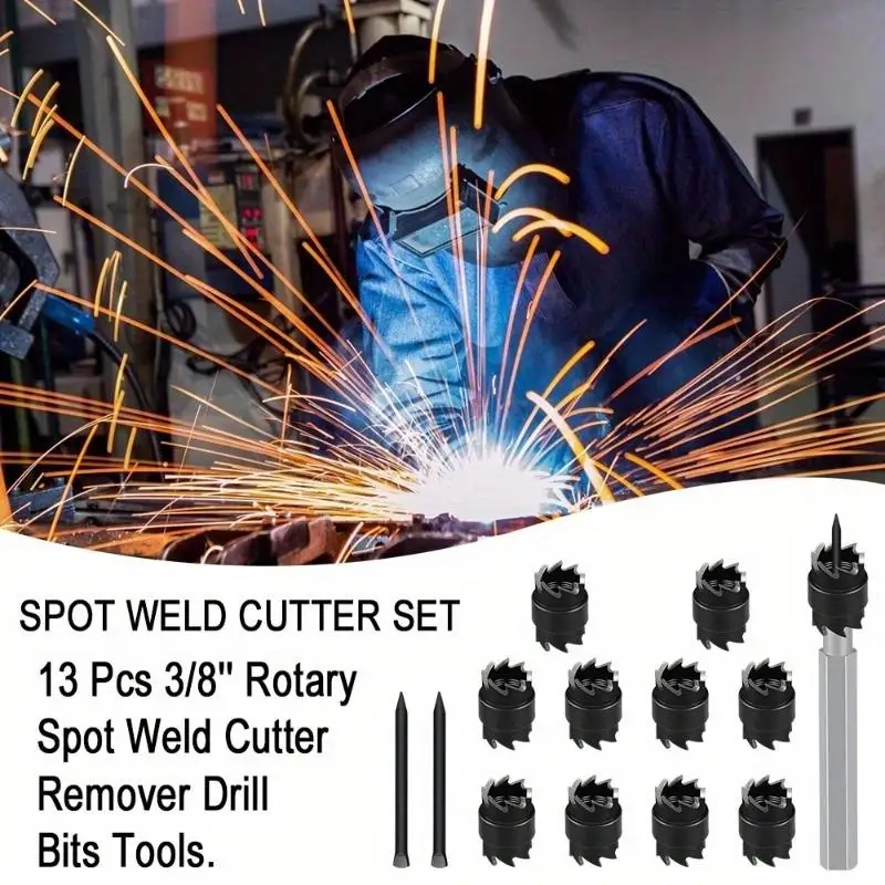 13pcs Spot Weld Cutter Set 3/8 Inch Double Sided Rotary Spot Weld Remover Drill Bit for Power Drill Spot Welding