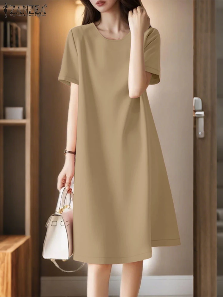 2025 ZANZEA Estate Casual O Collo Manica Corta Vestito Estivo Donna Abito di Colore Solido Elegante Lavoro Abiti Midi Allentato Vestido Sarafans